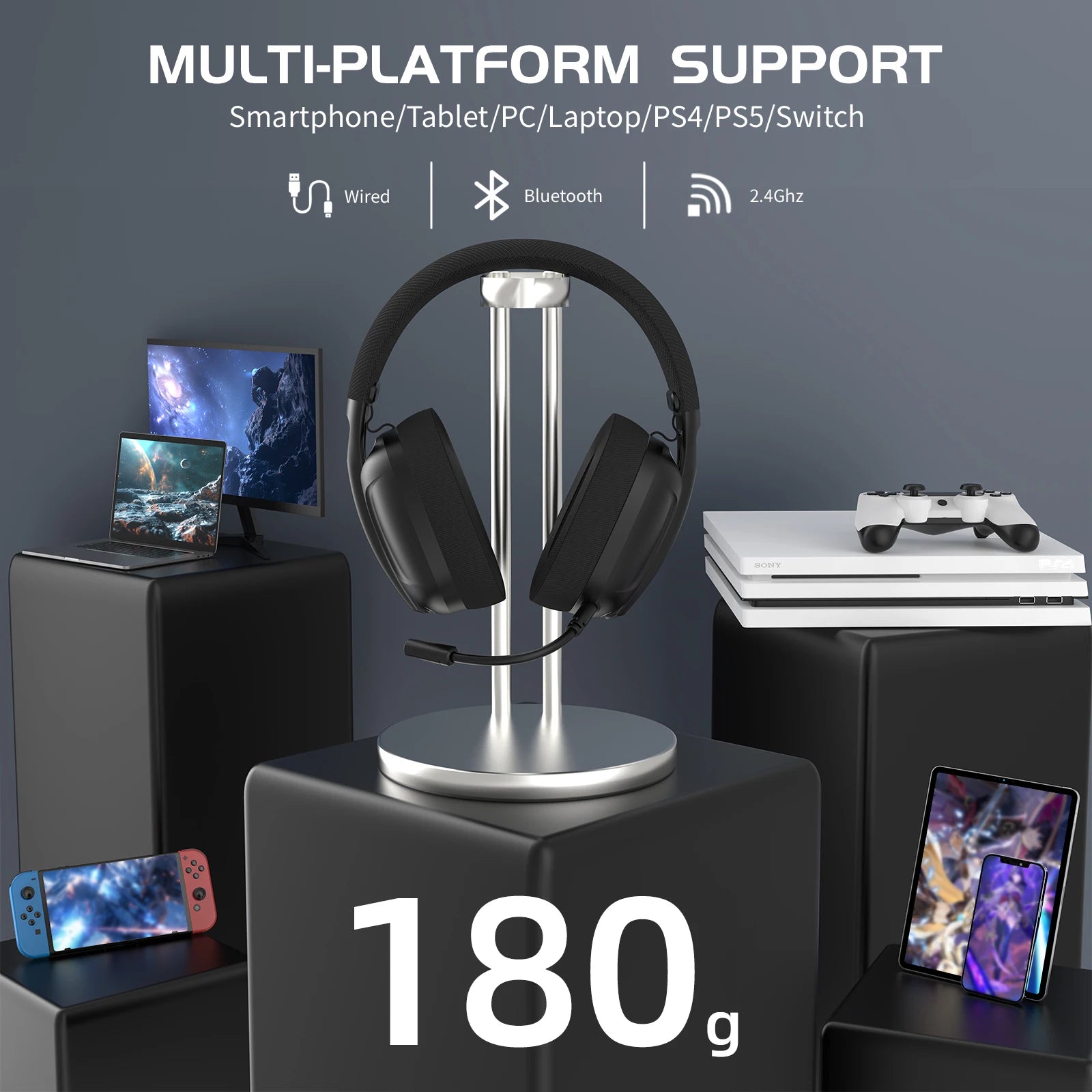 ATTACK SHARK L80 180g Ultra-Light Gaming Headset, Pluggable Microphone, Wired/Bluetooth/2.4G Wireless, 5.1 Channel Stereo Sound