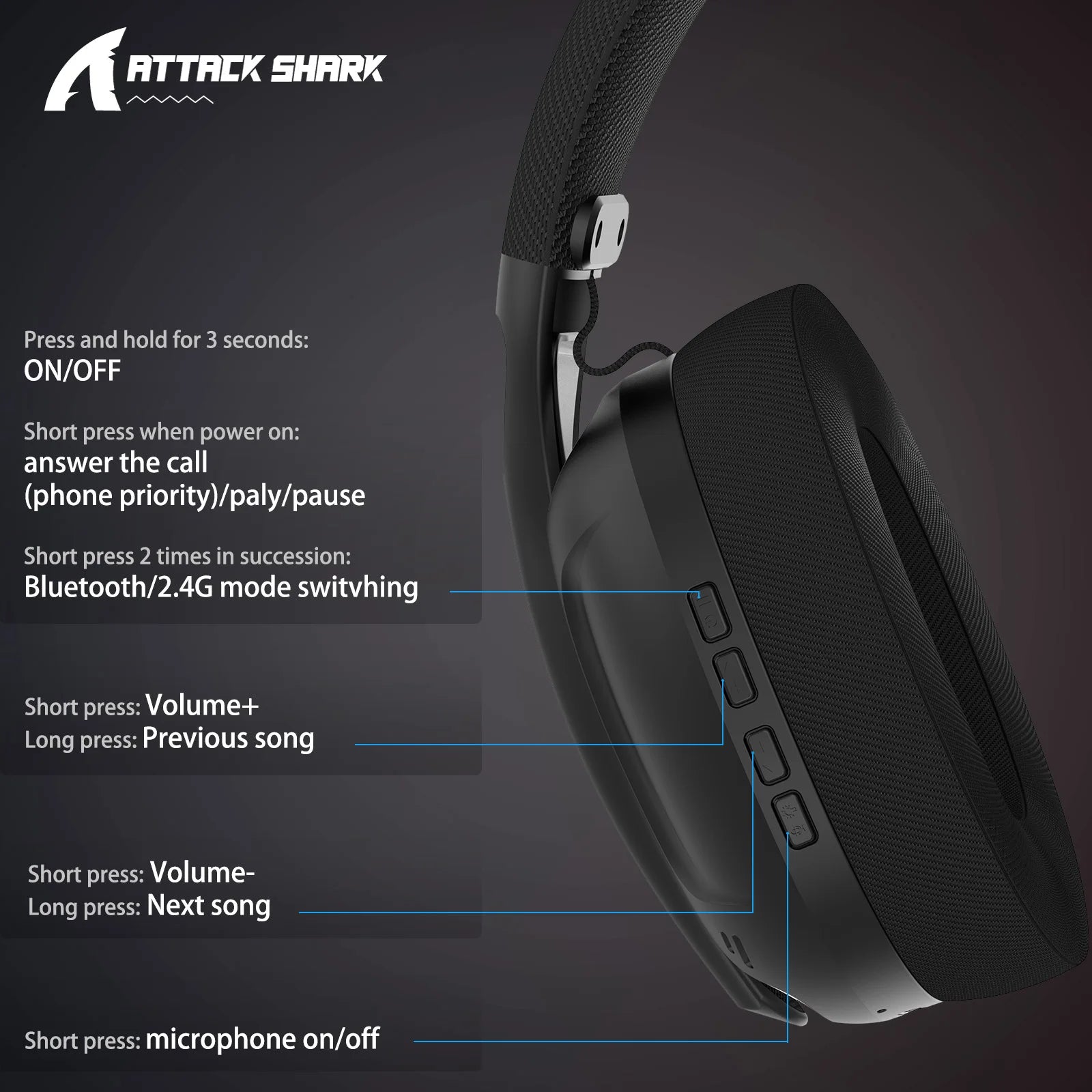 ATTACK SHARK L80 180g Ultra-Light Gaming Headset, Pluggable Microphone, Wired/Bluetooth/2.4G Wireless, 5.1 Channel Stereo Sound
