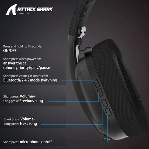 ATTACK SHARK L80 180g Ultra-Light Gaming Headset, Pluggable Microphone, Wired/Bluetooth/2.4G Wireless, 5.1 Channel Stereo Sound